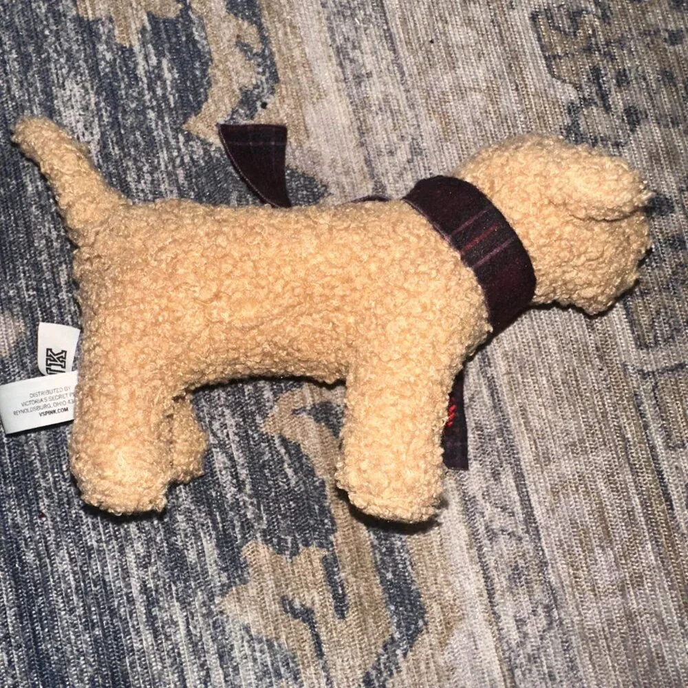 Victoria’s Secret PINK Beige Plush Dog in Plaid Vest – Collectible